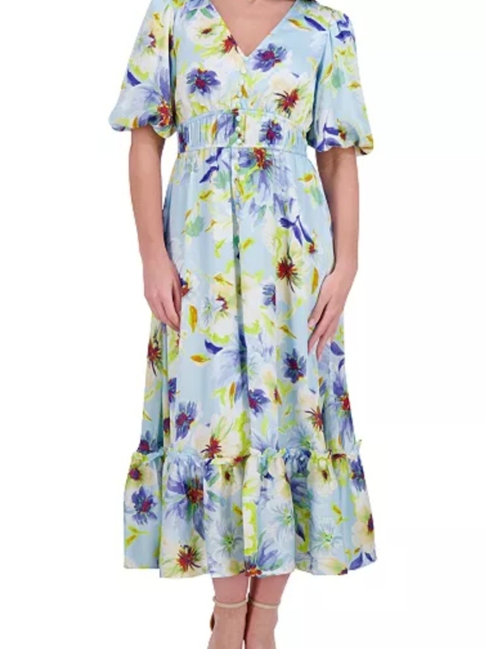 NWT, Kensie Light Blue Floral Print Puff-Sleeve Dress